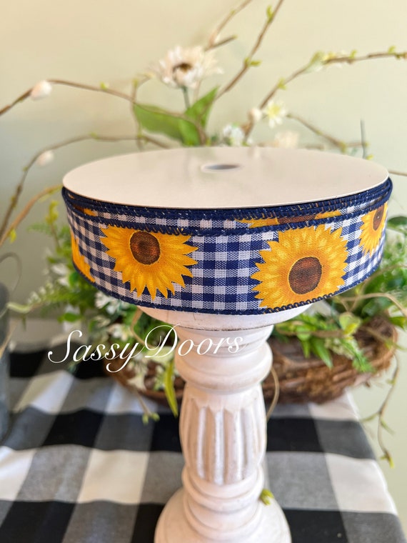 Sunflower Designed  Ribbon, 1 1/2 inch Ribbon, 10 Yard Wired Ribbon, Gingham Ribbon, Craft Ribbon, Bow Ribbon