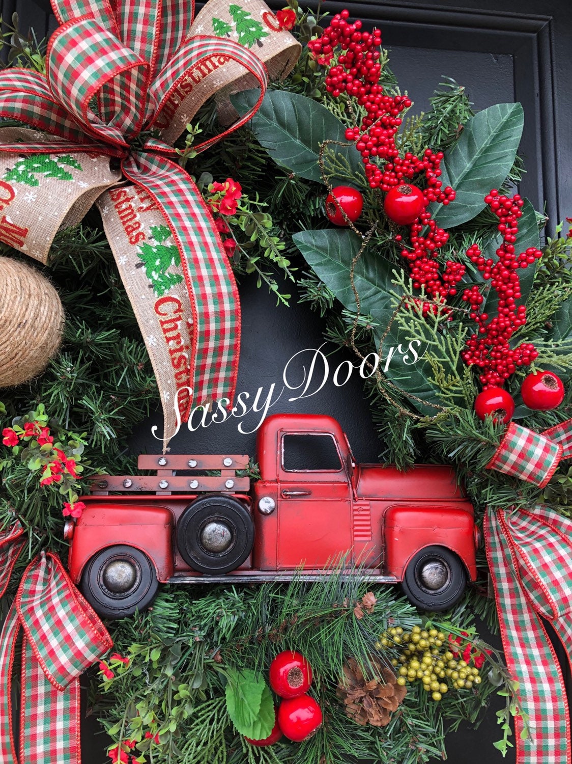 Red Truck Wreath, Buffalo Plaid Wreath, Christmas Wreath, Rustic