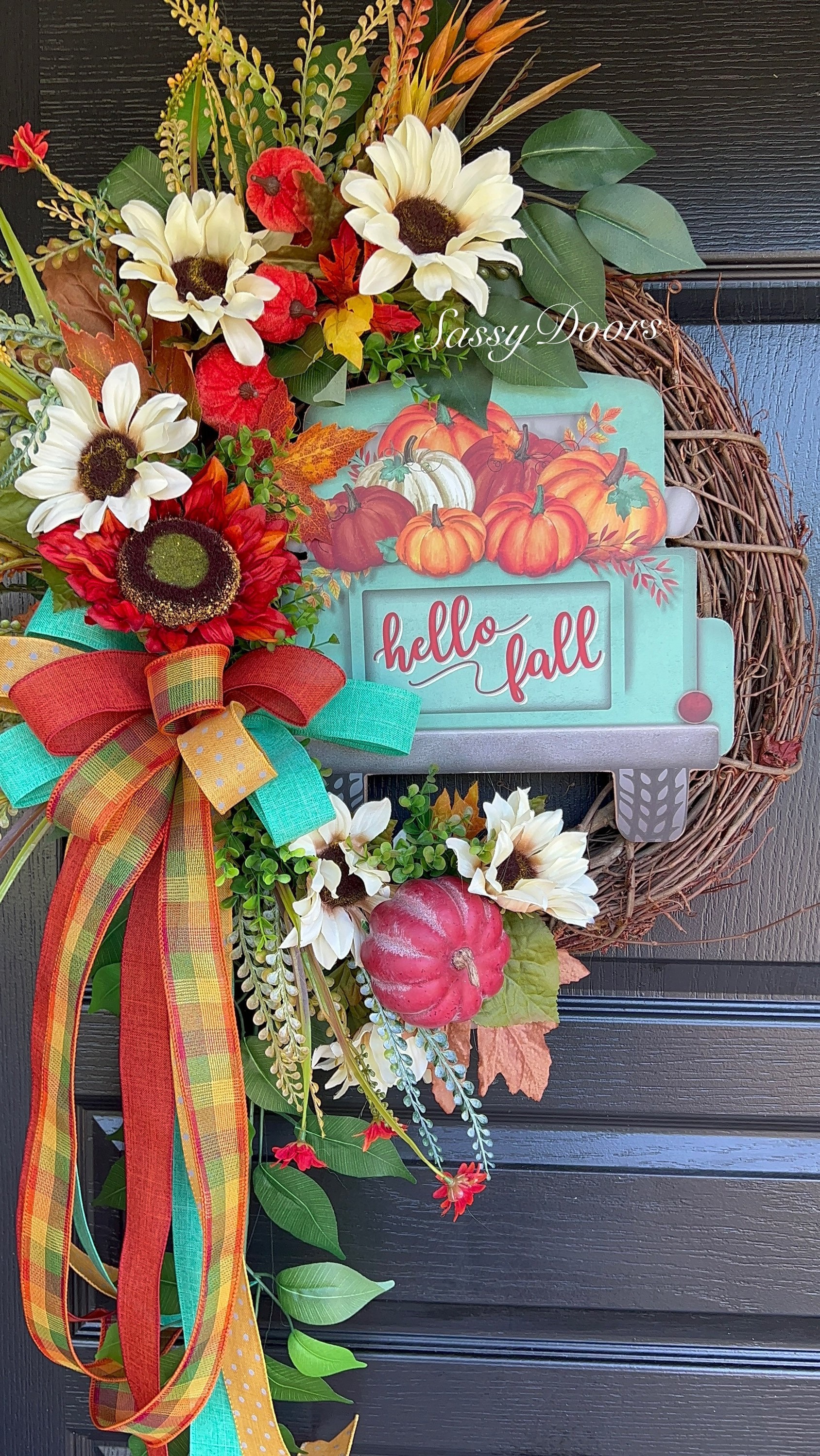 Fall Truck Sunflower Wreath- Fall Pumpkin Wreath-Front Door Wreath ...