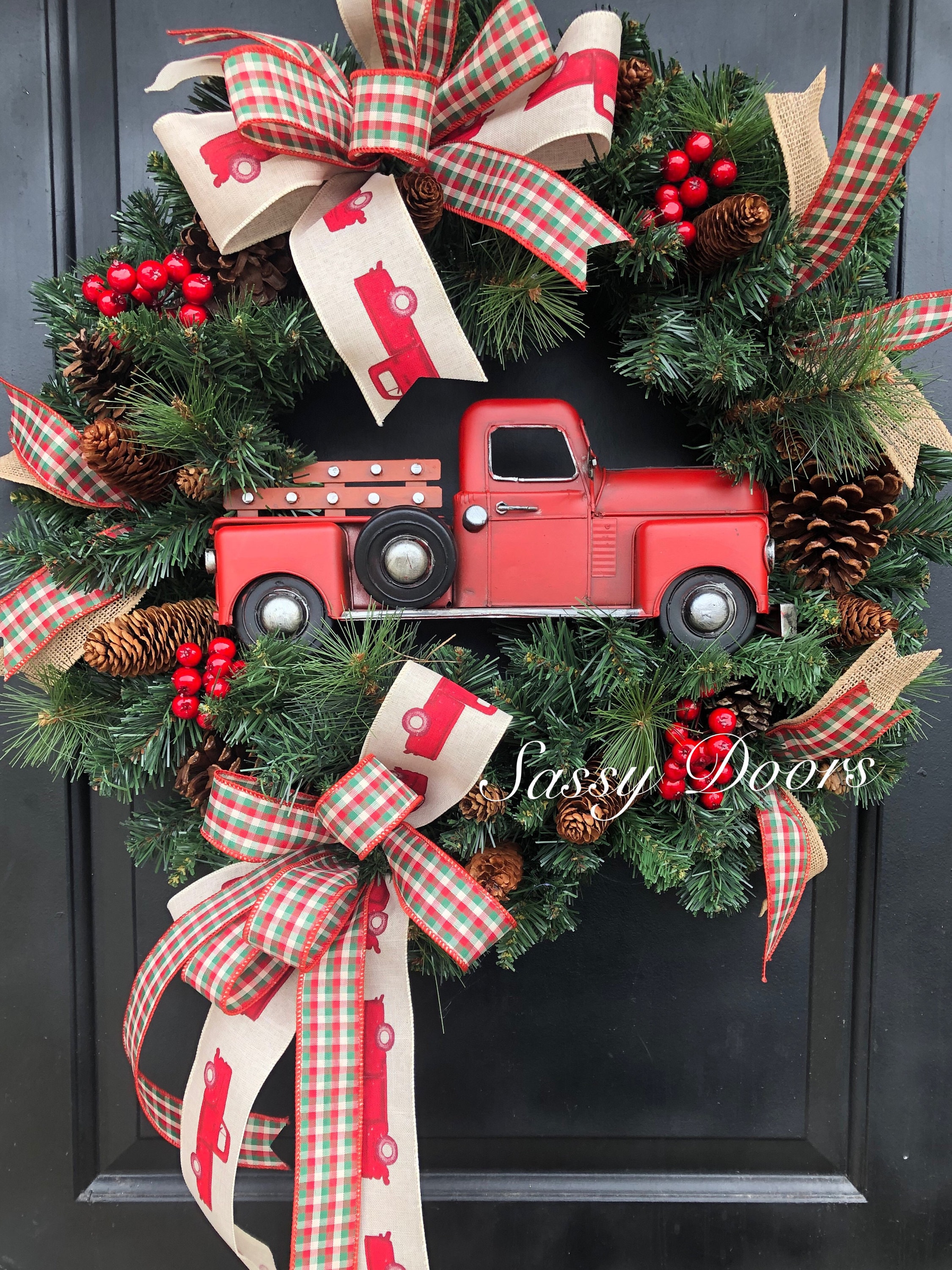 Red Truck Wreath, Farmhouse Plaid Christmas Wreath, Christmas Wreath