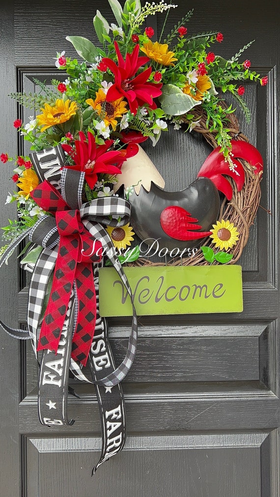 Rooster Wreath- Farmhouse Wreath-Rooster Front Door Wreath- Farmhouse Decor, Sunflower Wreath- Sassy Doors Wreath