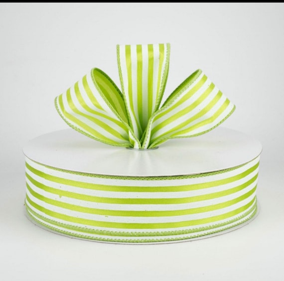 Light Green Wired Ribbon, 10 Yards, 1 1/2 Inch Ribbon, Spring Green Ribbon, Lime Green Stripe Ribbon, Green Ribbon