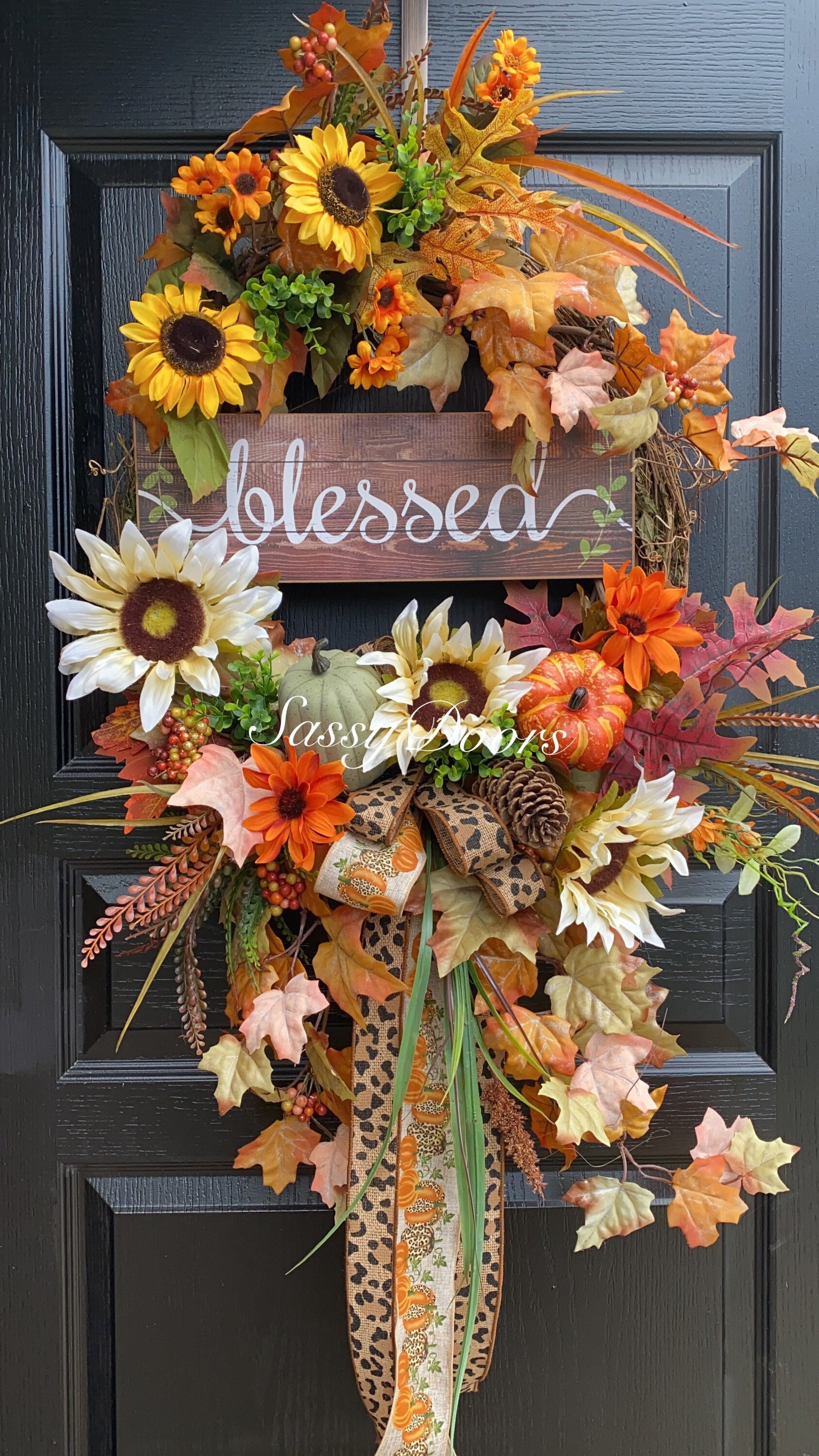 Fall Sunflower Wreaths, Cheetah Print Wreath, Blessed Wreath, Fall Pumpkin Wreath, Fall