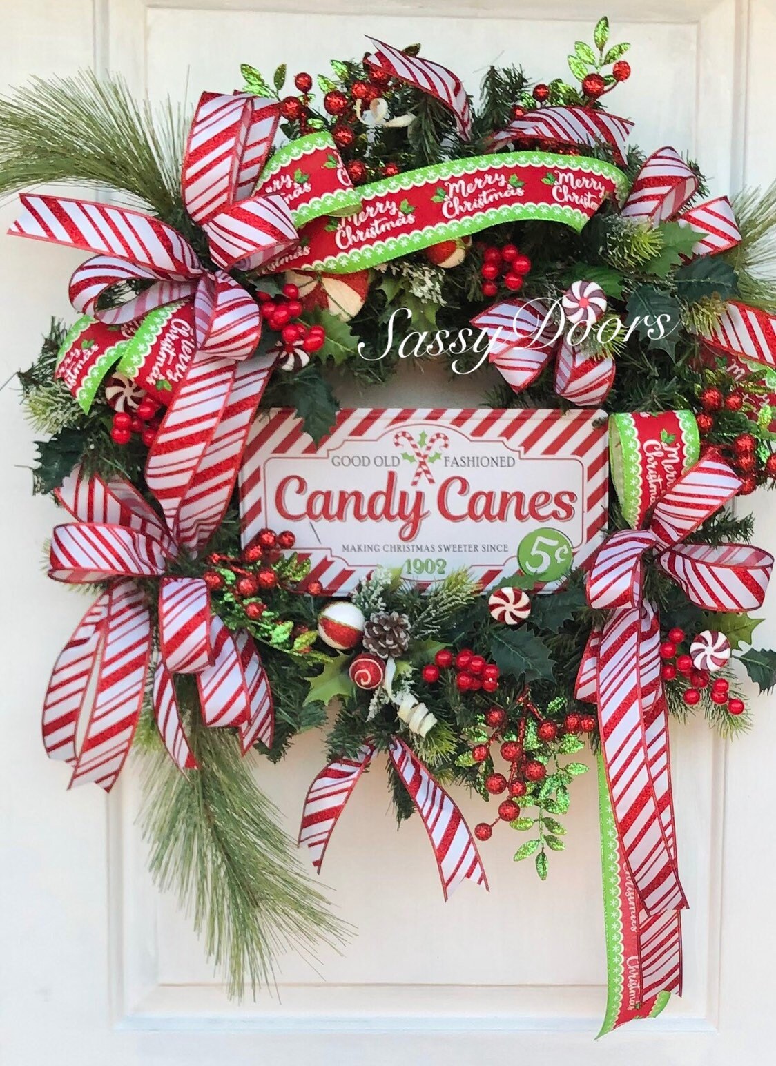 Christmas Wreath, Candy Cane Wreath, Whimsical Christmas Wreath, Red