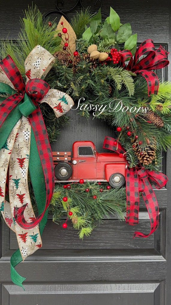 Red Truck Wreath, Rustic Christmas Wreath, Buffalo Plaid, Wreath, Christmas Front Door Wreath, Christmas Red Truck Wreath
