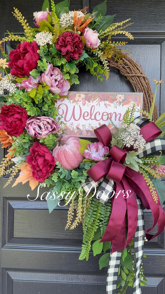 Fall Door Wreath, Fall  Door Wreath, Welcome Fall Wreath, SassyDoors Wreath, Pink Fall Wreath