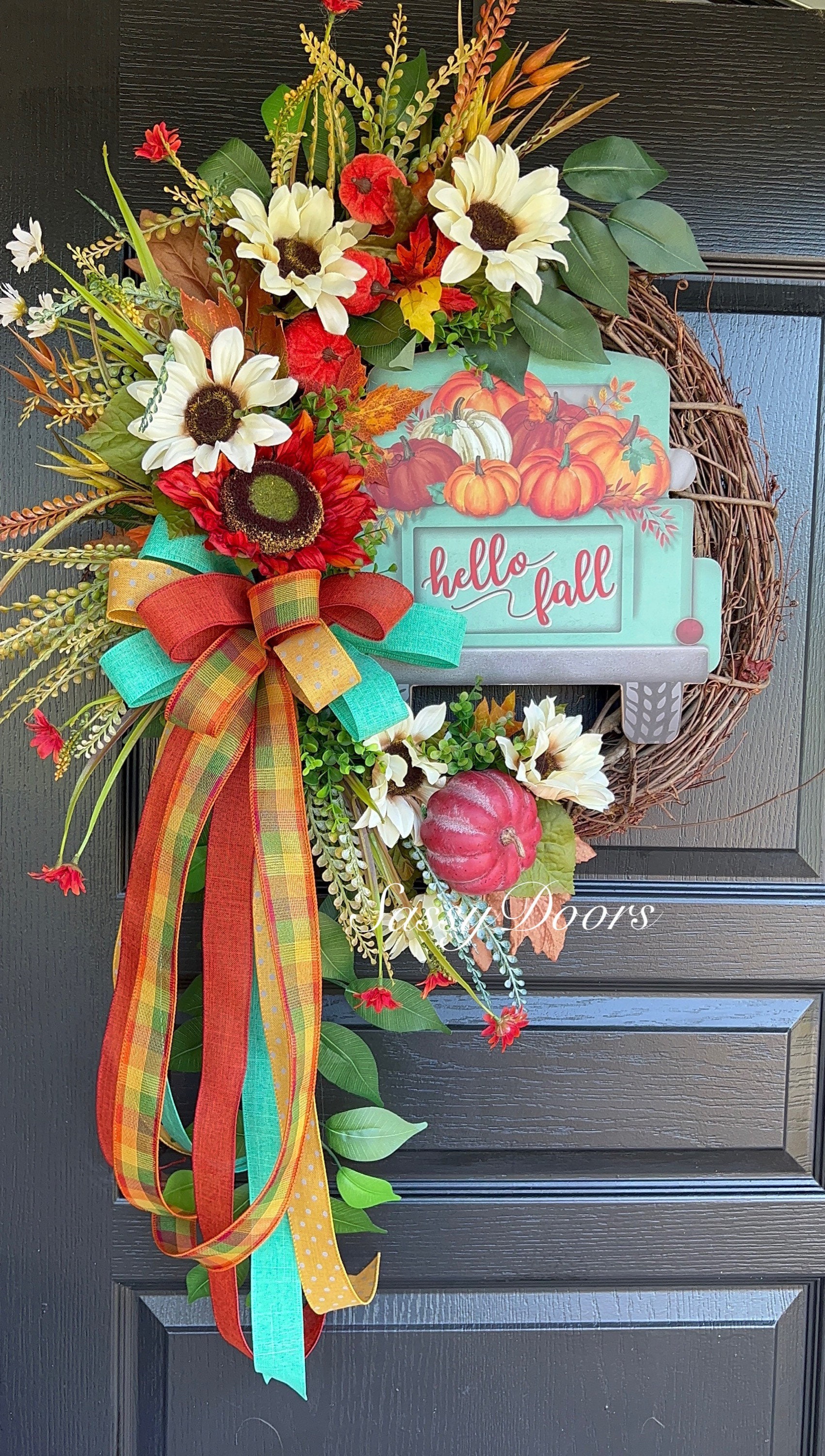 Fall Truck Sunflower Wreath- Fall Pumpkin Wreath-Front Door Wreath ...