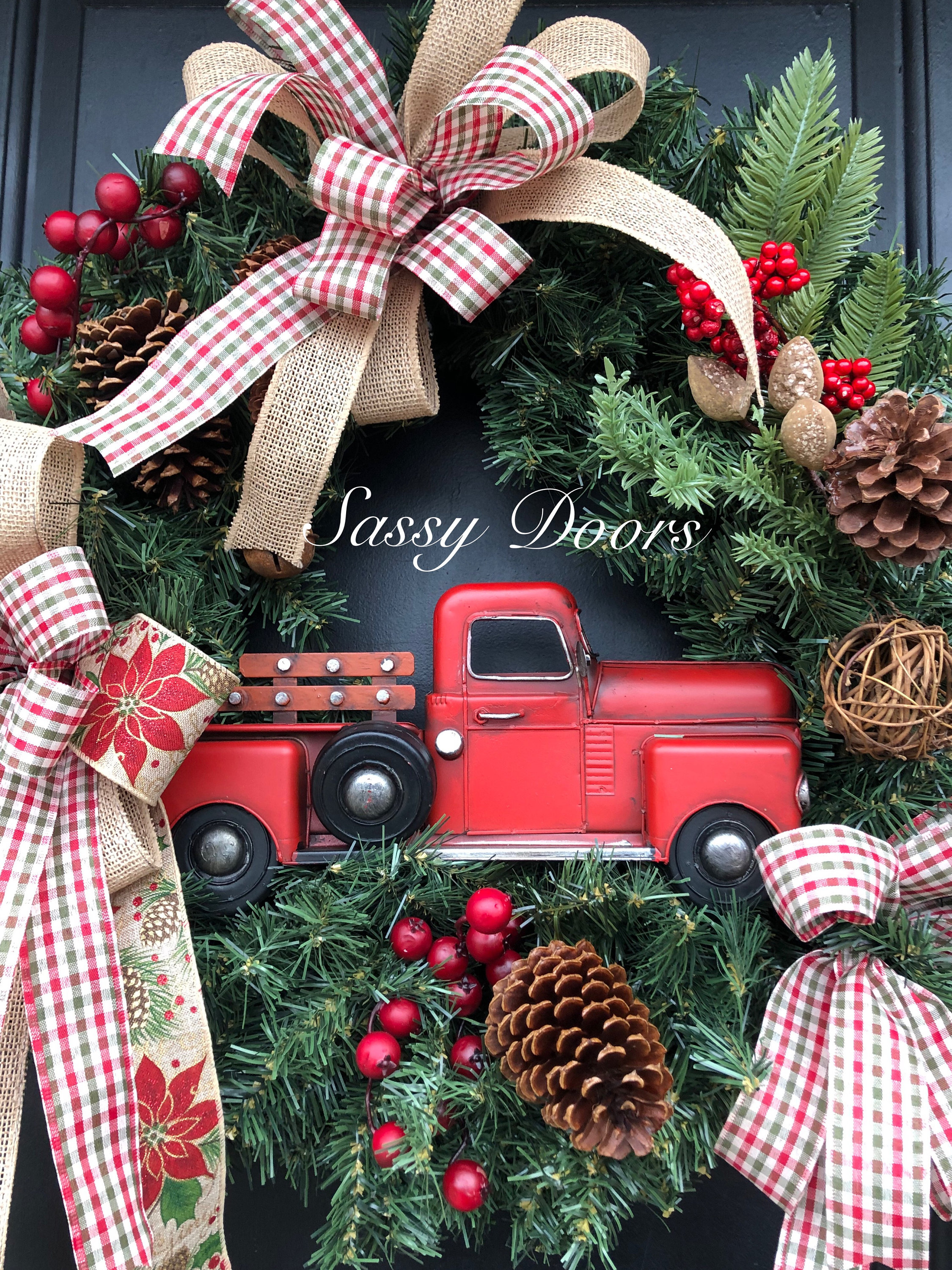 Red Truck Wreath, Rustic Christmas Wreath, Buffalo Plaid, Wreath, Christmas Front Door Wreath