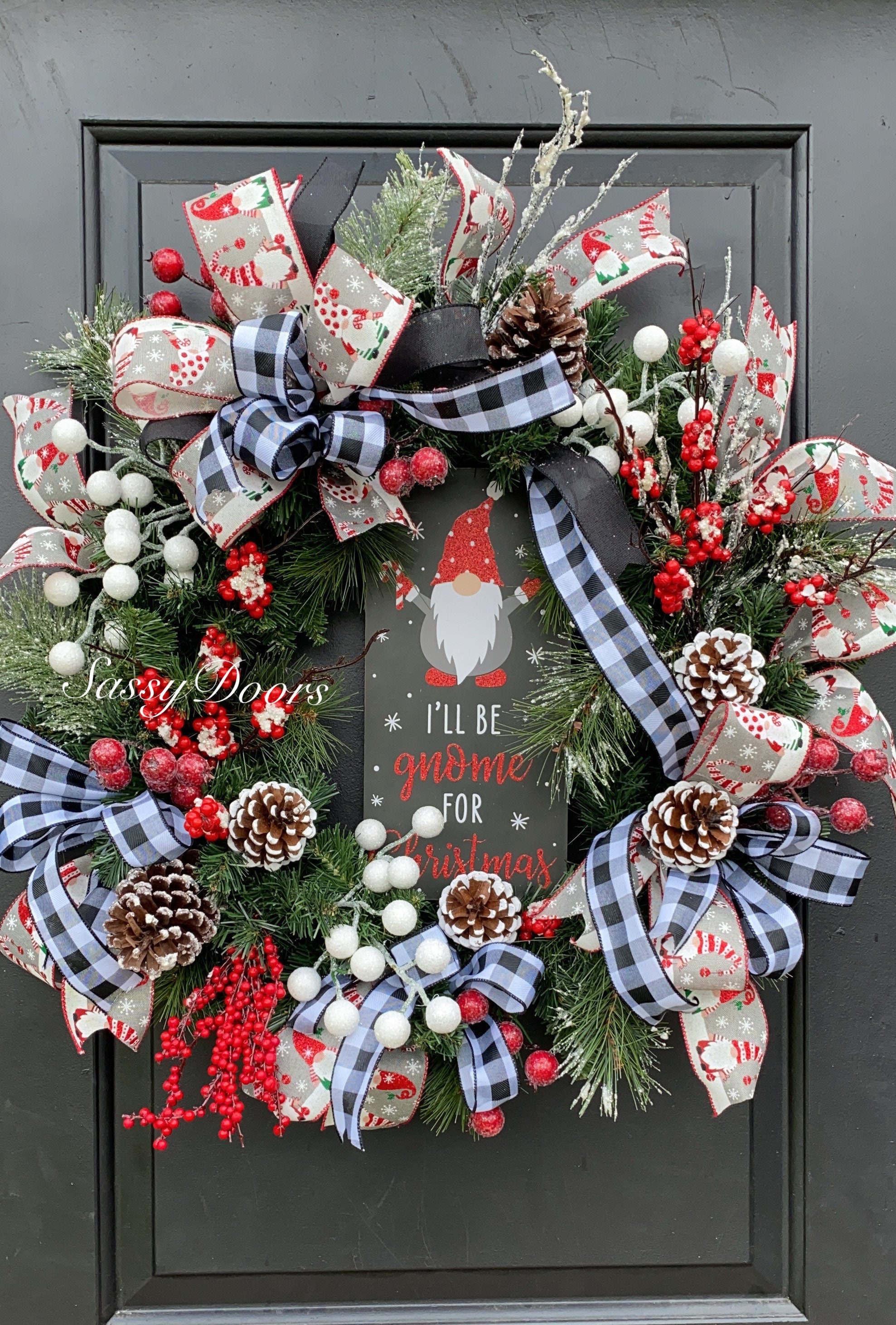 Gnome Christmas Wreath, Buffalo Plaid Christmas Wreath, Whimsical ...