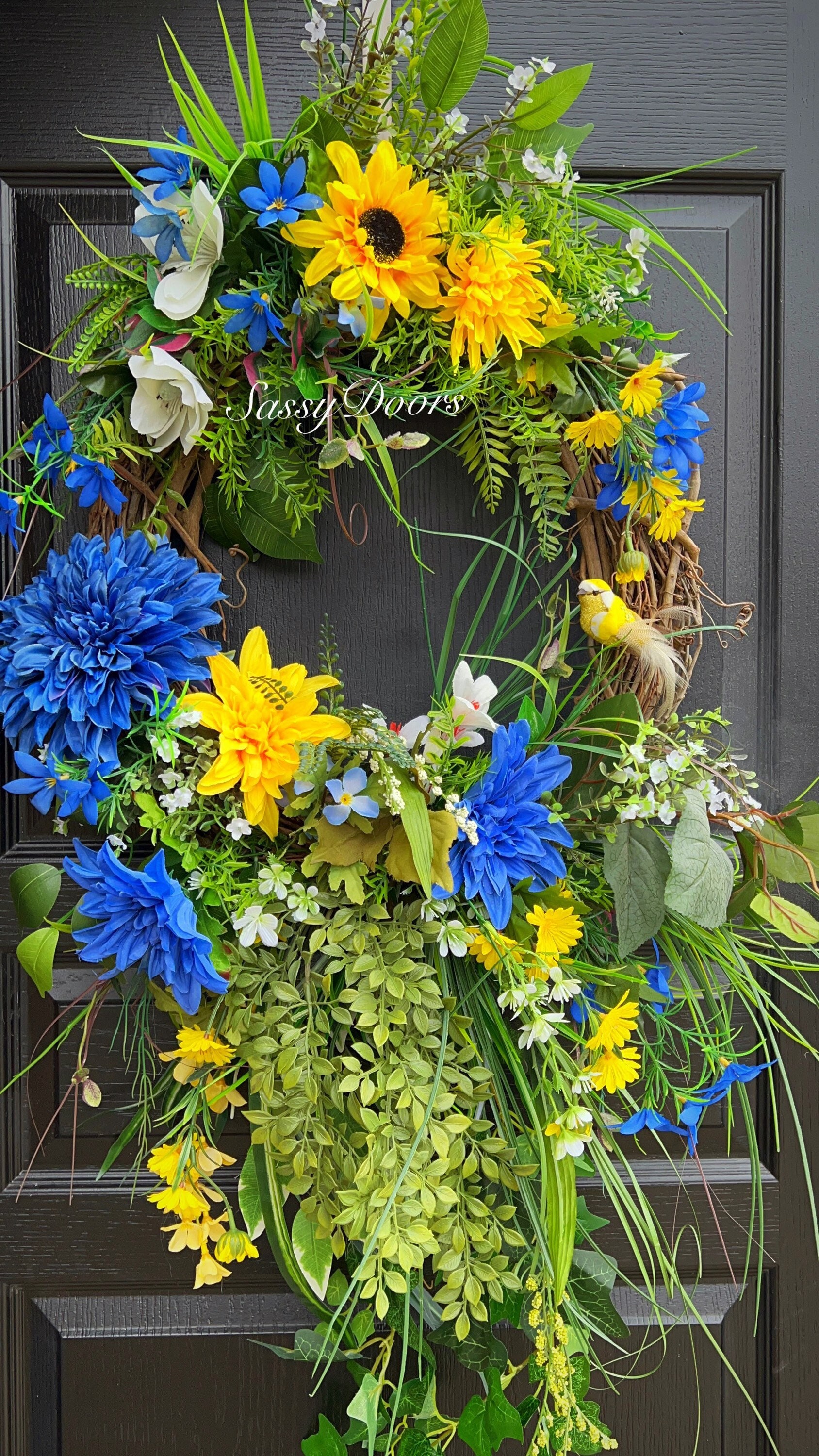 Spring and Summer Wreath, Summer Door Wreath, Blue Wreath, Sassy Doors