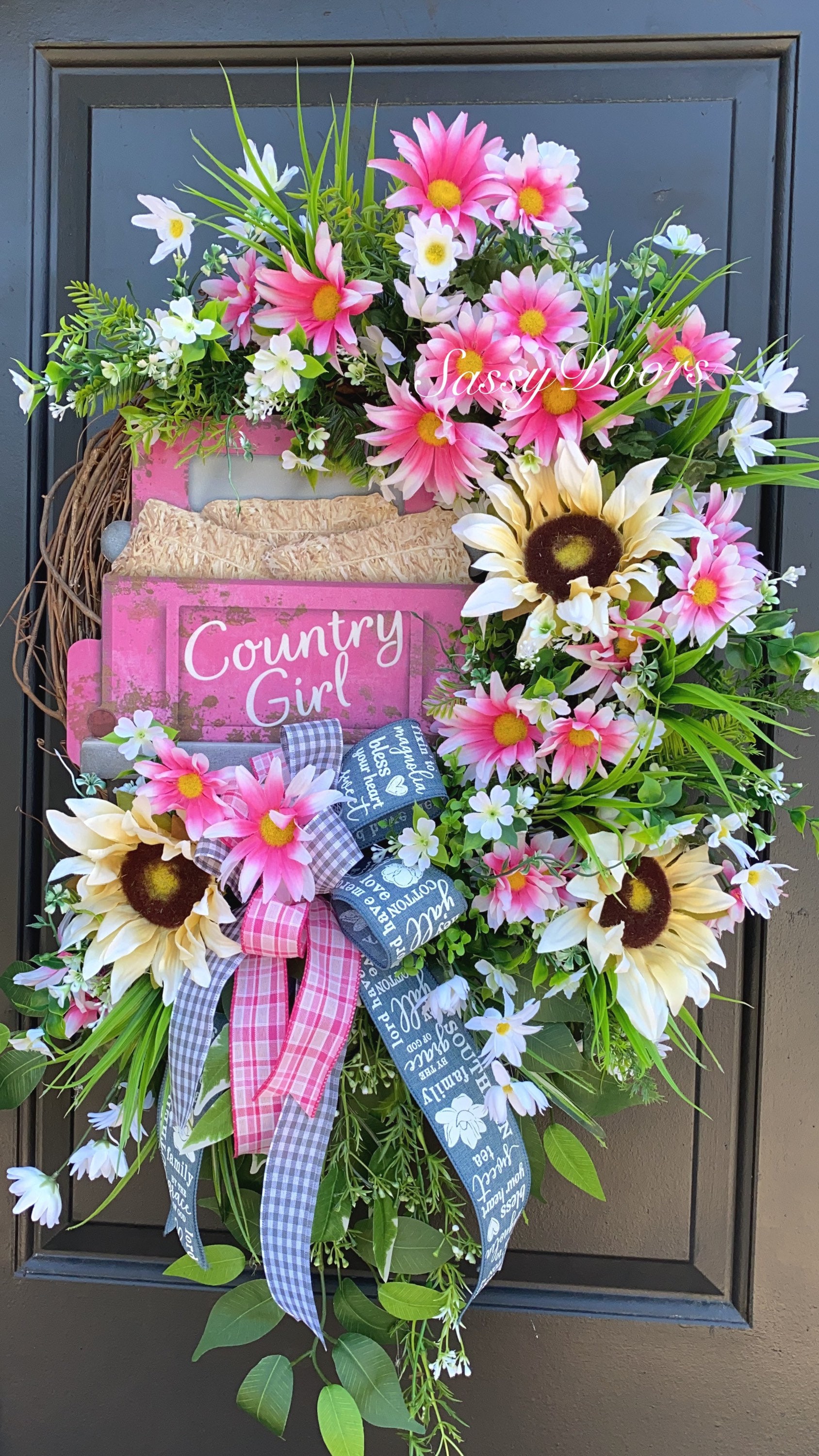 Truck Wreath Spring And Summer Door Wreath, Daisy Wreath, Pink Truck ...
