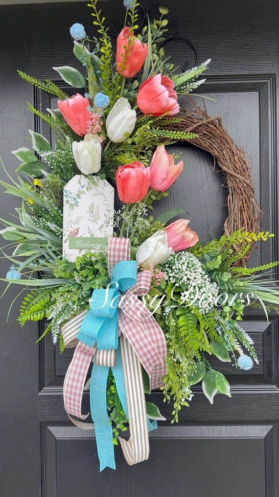 Spring Tulip Wreath, Spring Wreath, Wreath For Front Door, Spring Welcome Wreath