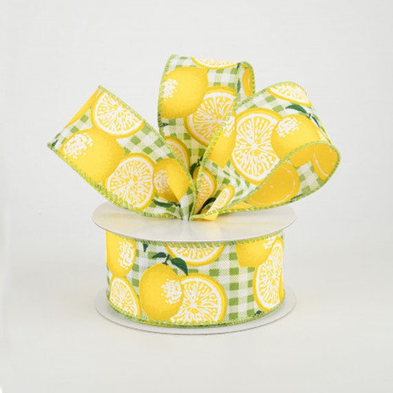 1.5" Gingham Lemons Ribbon, 10 Yards Ribbon, Lime Green, Wired Lemon Ribbon, Summer Ribbon