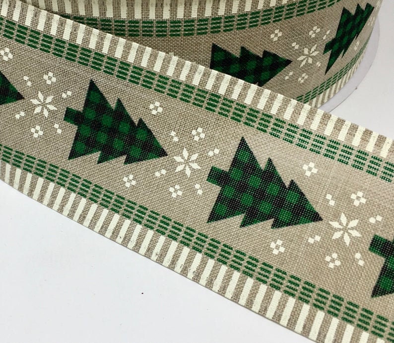 Christmas Ribbon, Christmas Tree Ribbon, Tree Print Wired Ribbon, 2 1/2 Inch Ribbon, Cut Ribbon