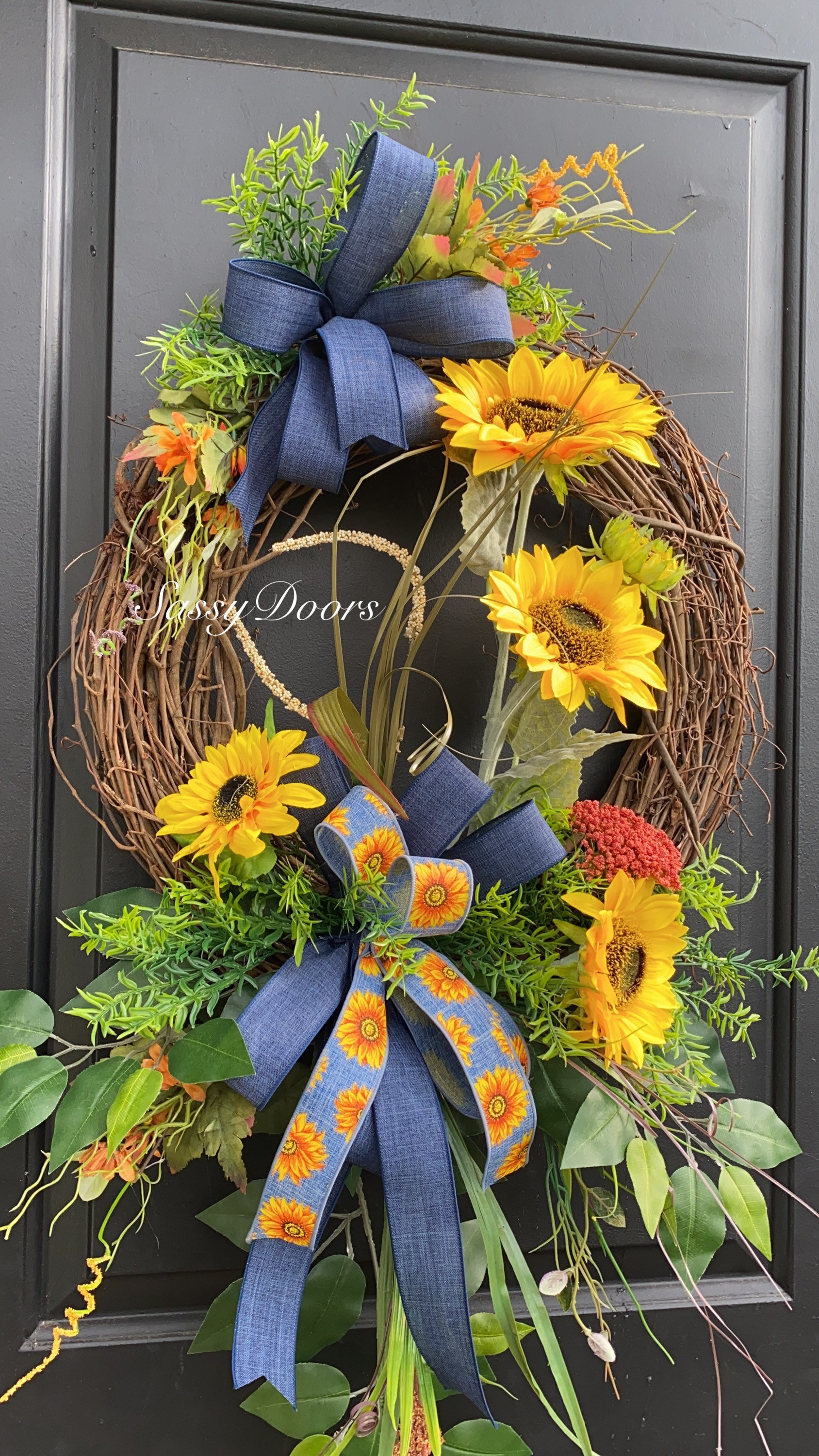 Double Door Sunflower Wreath, Denim Wreath, Sunflower Front Door Wreath