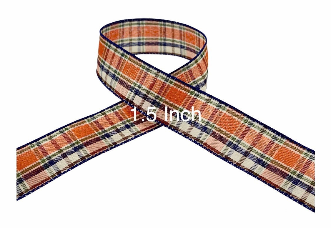 3/8 Fall Checks Plaid Ribbon: Orange, Natural, Red (10 Yards)  [67344-01-47] 