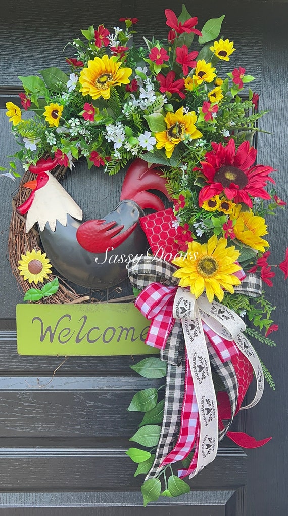 Rooster Wreath- Farmhouse Wreath-Rooster Front Door Wreath- Farmhouse Decor, Sunflower Wreath- Sassy Doors Wreath