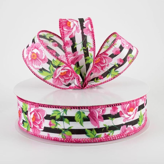1.5 Inch Satin Craft Ribbon, 10 Yard, Pink Ribbon, Black and White Striped Ribbon