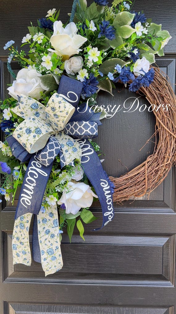 Magnolia Wreath, Southern Front Door Wreath, Magnolia Wreath, Everyday Wreath, Blue Wreath, Sassy Doors Wreath
