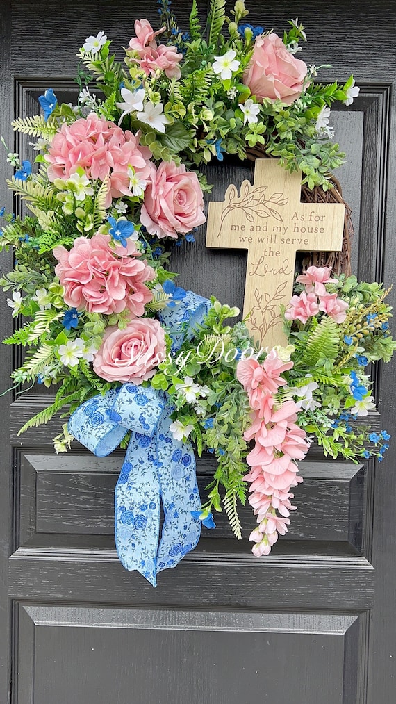 Spring And Summer Wreath- Religious Wreath, Hydrangeas Wreath, Flower Garden Wreath-Spring And Summer Front Door Wreath, Sassy Doors Wreath