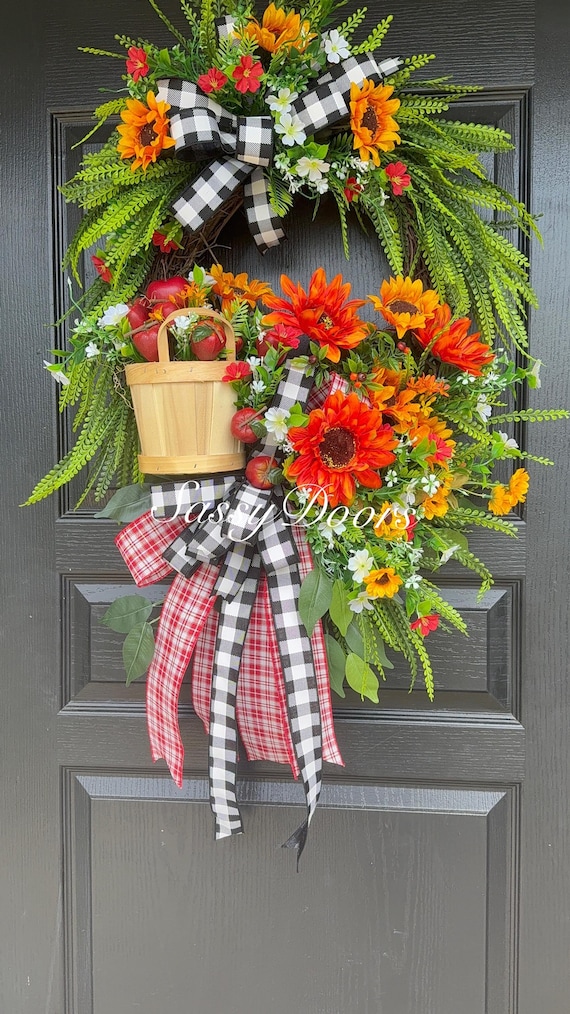 Fall  Apple Wreath, Apple Wreath Front Door - Farmhouse-Wreath With Apples-Pumpkin Wreath Sassy Doors Wreaths-