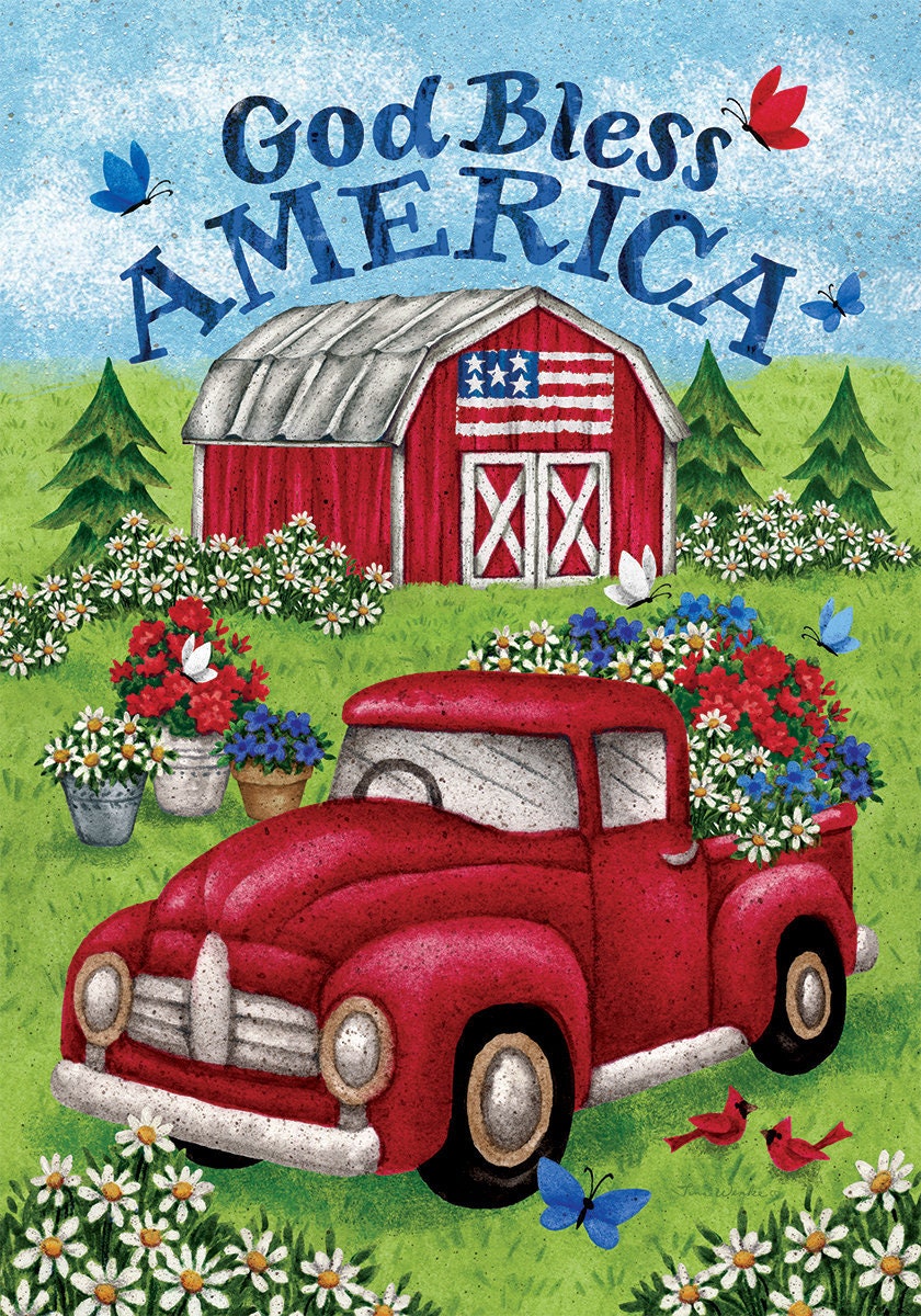 Red Truck Garden Flag-Patriotic Flag-Truck Garden Flag- Truck Garden Flag-