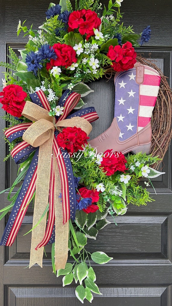 Patriotic Cowboy Wreath - Western Boot Wreath,  Father’s Day, Wreath - Guy Friendly Wreath