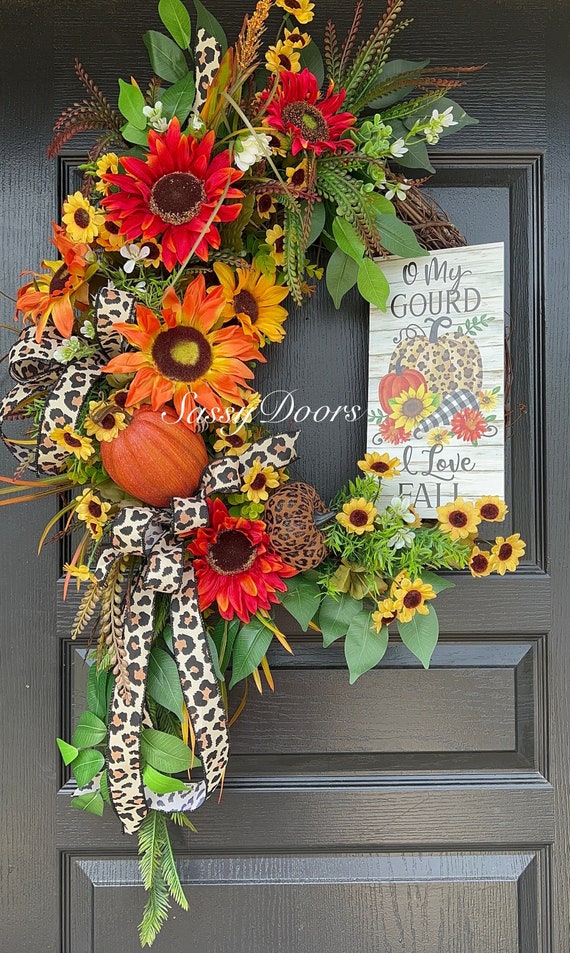 Fall Door Wreath- Fall Wreaths- Front Door Wreath, Cheetah Fall Wreath Fall Pumpkin Wreath-Sassy Doors Wreath,