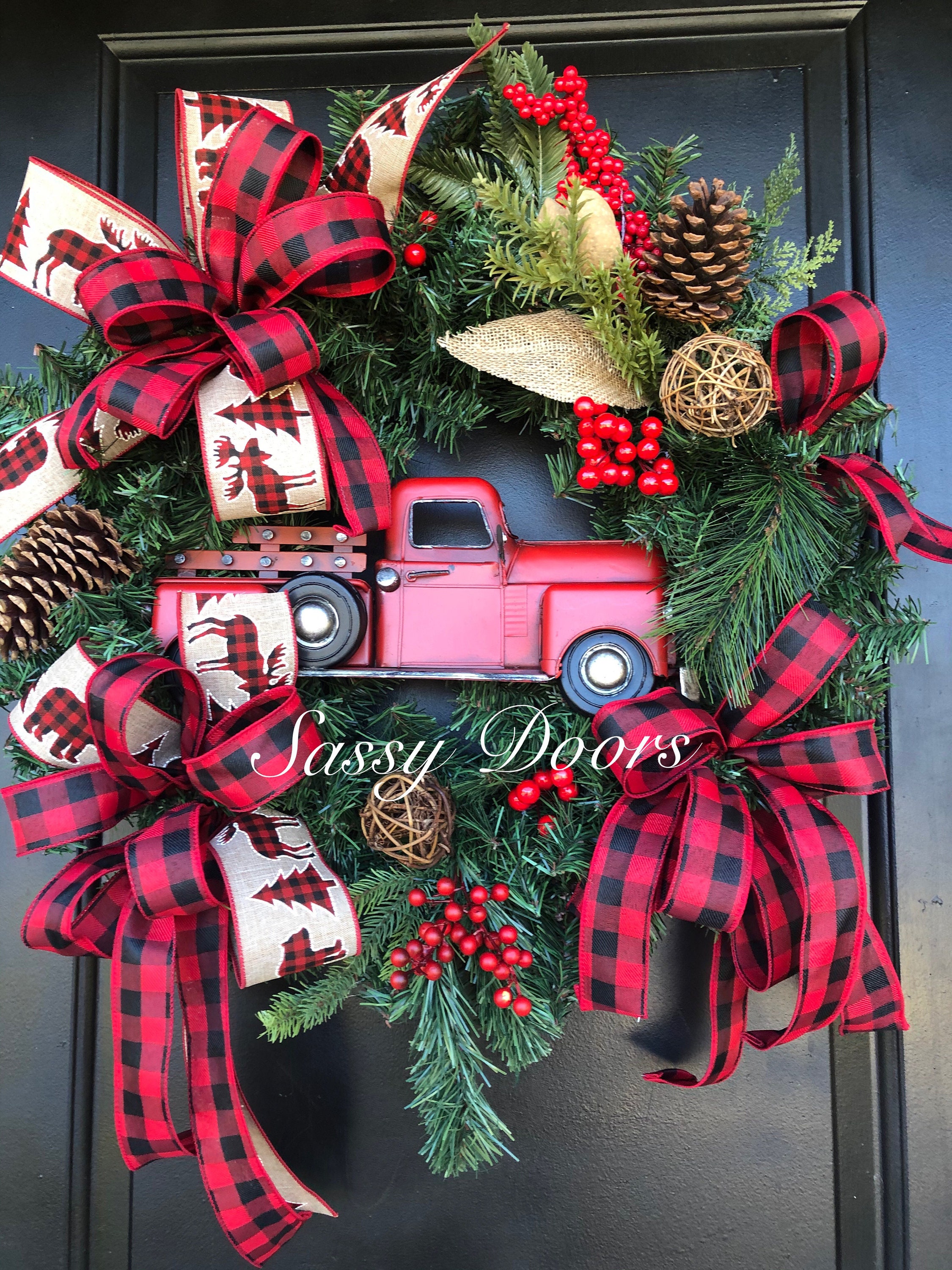 Red Truck Wreath, Buffalo Plaid, Rustic Christmas Wreath, Red Truck