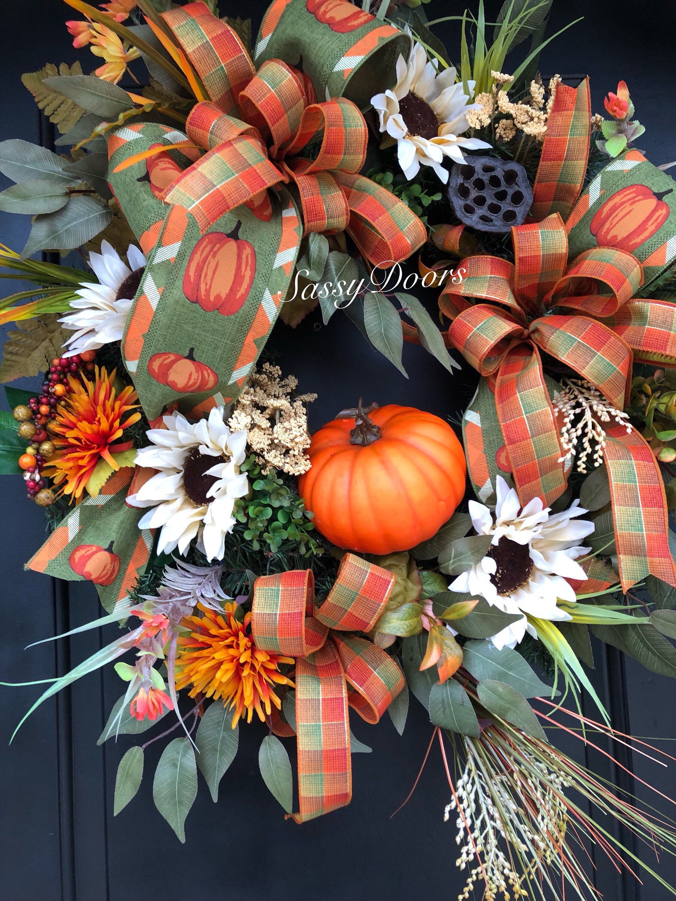 Fall Wreath,Fall Front Door Wreath, Sunflower Fall Wreath,Fall Pumpkin Wreath, Sassy Doors Wreath