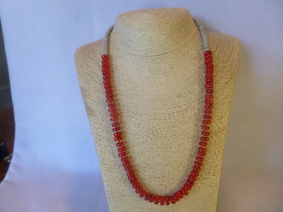 Genuine Red Coral And Gray Heishi Bead 925 Native… - image 1