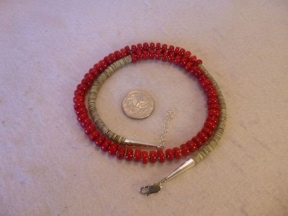 Genuine Red Coral And Gray Heishi Bead 925 Native… - image 7