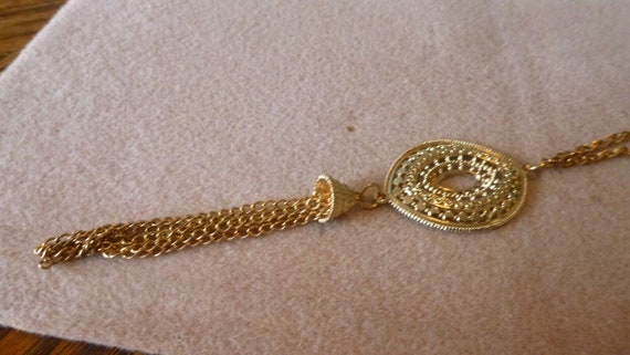 Vintage Gold Plate Oval Pendant With Tassels On G… - image 7