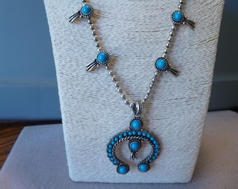 Vintage Turquoise & Silver Native American Navajo Style Squash Blossom Necklace/Handmade/Southwestern/Indian Jewelry/Boho Necklace/Western