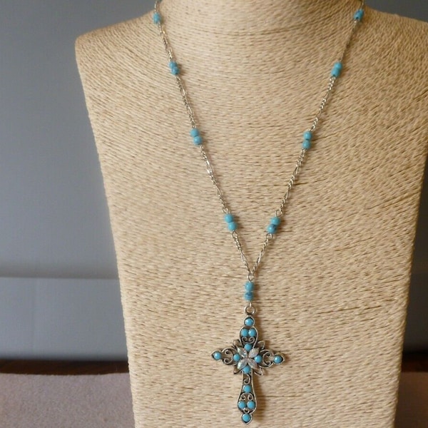 Turquoise Color with Crystal & Silver Cross Pendant On Turquoise Beaded Chain/Native American/Southwestern/Handmade/Indian Jewelry/Boho