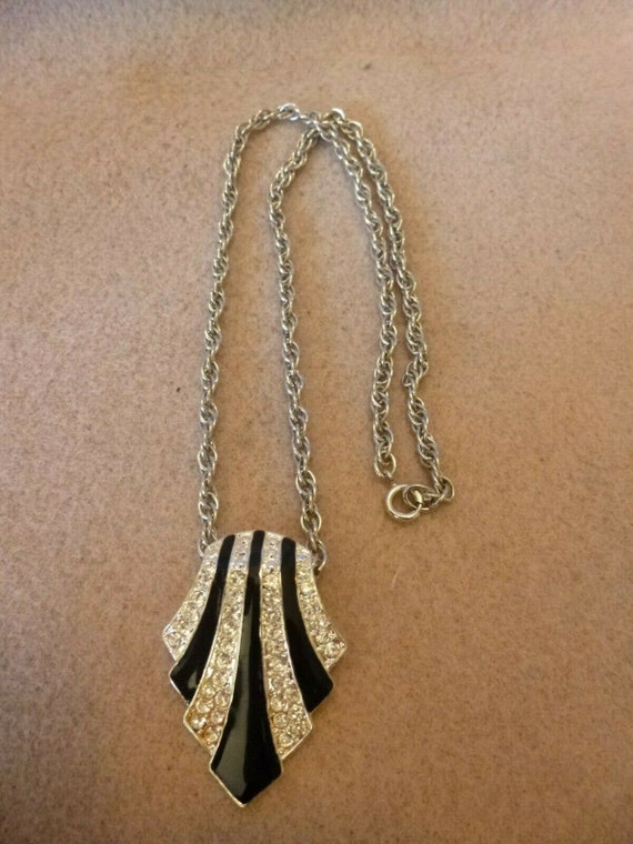 Vintage White Crystal Silver And Black Pendant Na… - image 3