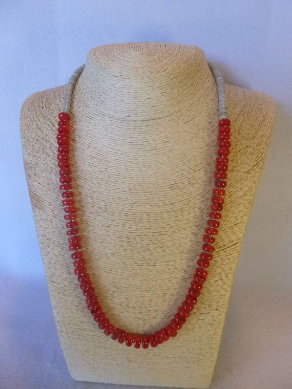 Genuine Red Coral And Gray Heishi Bead 925 Native… - image 2