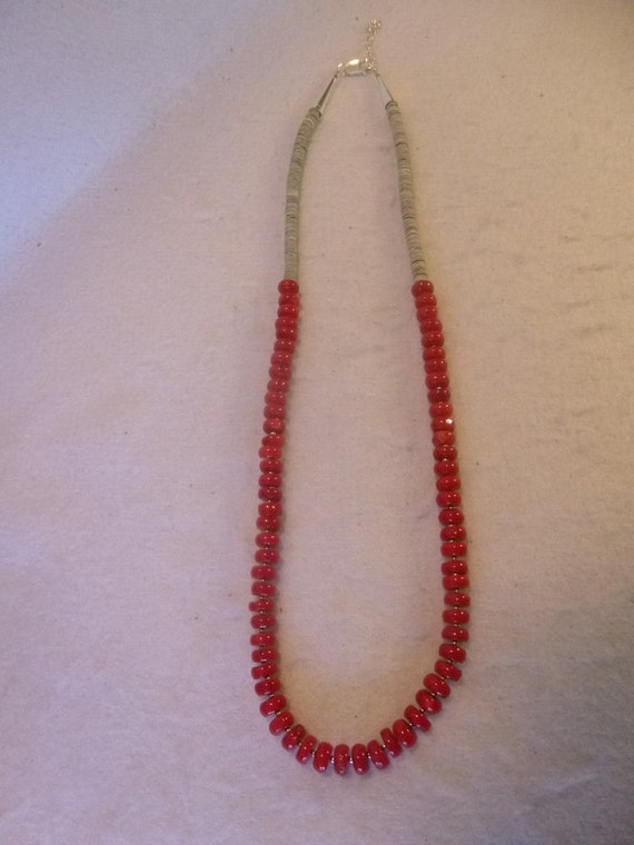 Genuine Red Coral And Gray Heishi Bead 925 Native… - image 4