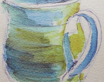 Sunday morning, a watercolor card pencil sketch of a ceramic mug