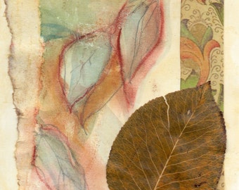 May include: A collage of dried leaves and watercolor painted leaves on a patterned background. The leaves are in shades of brown, green, and blue.
