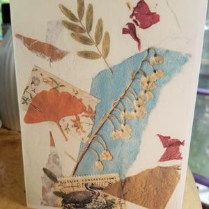 May include: A collage of dried flowers and leaves on a cream-colored background. The collage includes a blue piece of paper, a brown piece of paper, and a red piece of paper. There is a stamp in the bottom right corner that says "Wildlife Conservation."