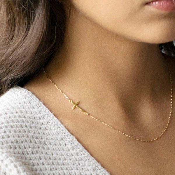 Sideways Cross Necklace • Personalized Gifts • Cross Necklace Women • Gold Cross Necklace • Christmas Gifts • Teacher Gifts, Catholic Gifts