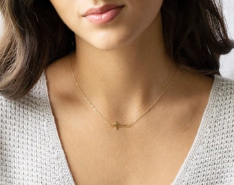 Sideways Cross Necklace • Personalized Gifts • Cross Necklace Women • Gold Cross Necklace • Christmas Gifts • Teacher Gifts, Catholic Gifts