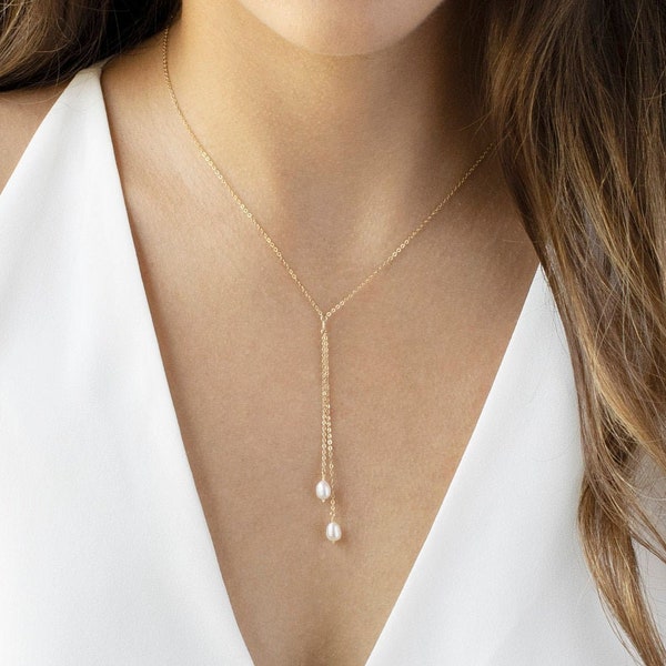 Pearl Drop Necklace • Lariat Necklace • Y Necklace • Layering Necklace • Christmas Gifts • Bridesmaids Gift • Statement Necklace