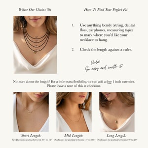 Pu&ograve; includere: Una guida su come trovare la misura perfetta per una collana. L'immagine mostra una donna che indossa collane di diverse lunghezze, con misure in pollici. Il testo spiega come usare un righello e un oggetto flessibile per misurare la lunghezza desiderata.