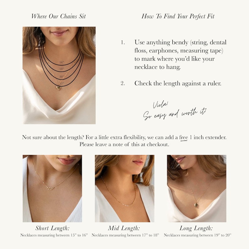 Pu&ograve; includere: Una guida su come trovare la misura perfetta per una collana. L'immagine mostra una donna che indossa collane di diverse lunghezze, con misure in pollici. Il testo spiega come usare un righello e un oggetto flessibile per misurare la lunghezza desiderata.