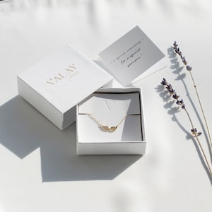 Pu&ograve; includere: Una scatola regalo bianca con le parole "VALAY Jewelry" stampate sulla parte superiore. La scatola &egrave; aperta e contiene una delicata collana d'oro con un ciondolo a forma di ali d'angelo. Un piccolo biglietto bianco con il testo "un regalo speciale - per una persona speciale!" &egrave; visibile sullo sfondo.