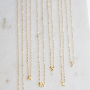 May include: A set of nine gold necklaces with small letter charms. The letters are T, A, M, L, S, and J.