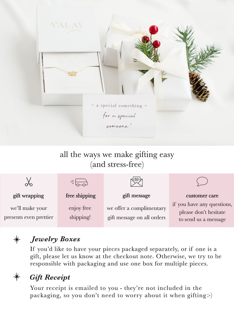 Może przedstawiać: Białe pudełka prezentowe z złotym naszyjnikiem w środku. Pudełka są związane białą wstążką i ozdobione gałązką czerwonych jag&oacute;d. Tekst na kartce głosi: &bdquo;coś specjalnego dla kogoś wyjątkowego!" Tekst pod pudełkami głosi: &bdquo;wszystkie sposoby, aby obdarowywanie było łatwe (i bezstresowe)". Są cztery ikony reprezentujące pakowanie prezent&oacute;w, bezpłatną wysyłkę, wiadomość z prezentem i obsługę klienta.