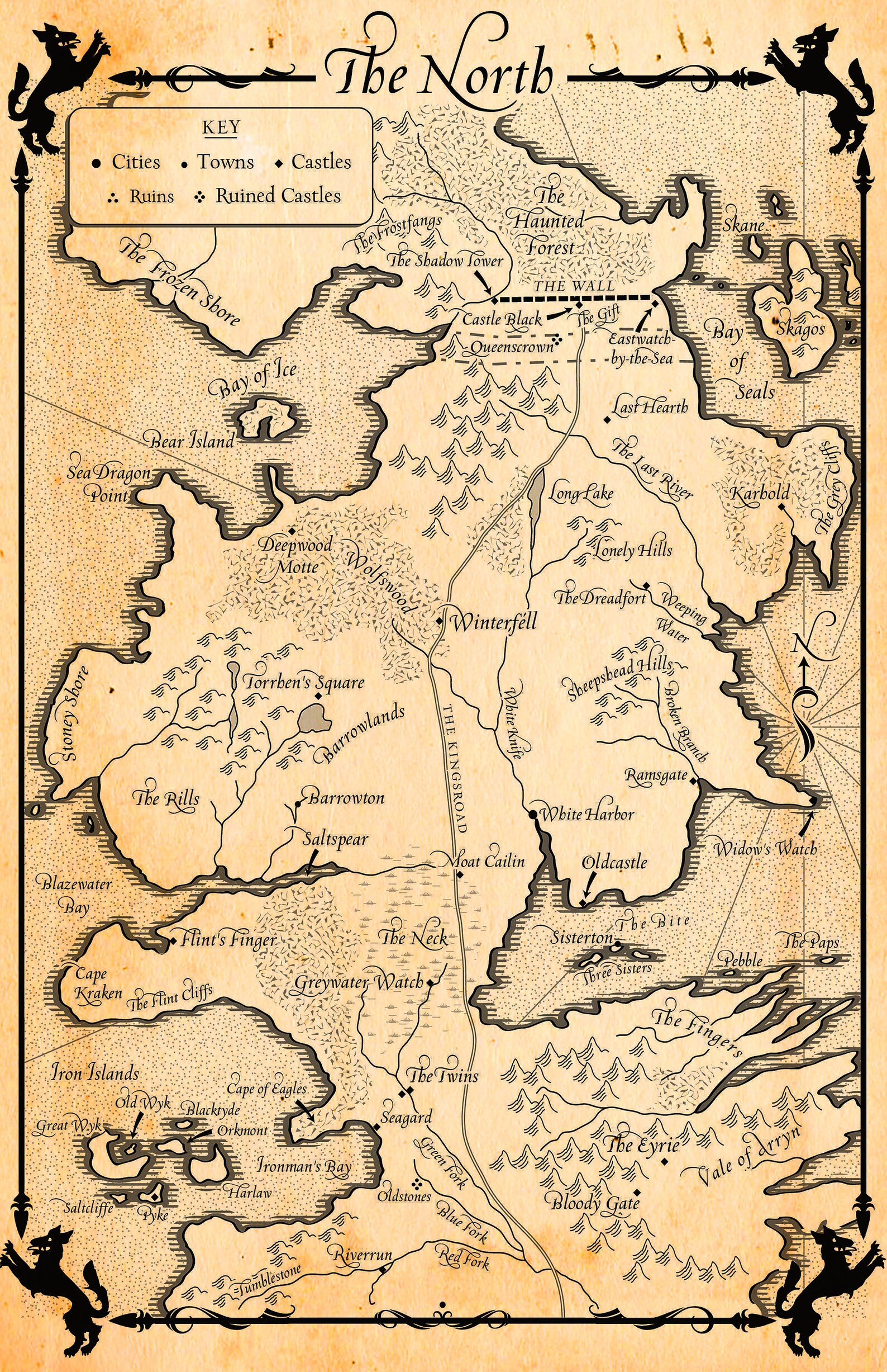 The North Westeros Map from Game of Thrones Song of Ice and  Etsy